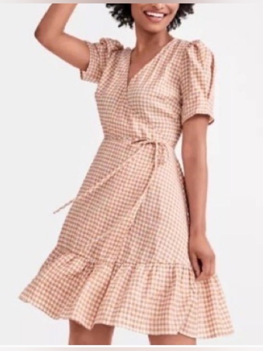 LOFT tan & white Gingham Wrap Dress with Ruffle Hem. Size M